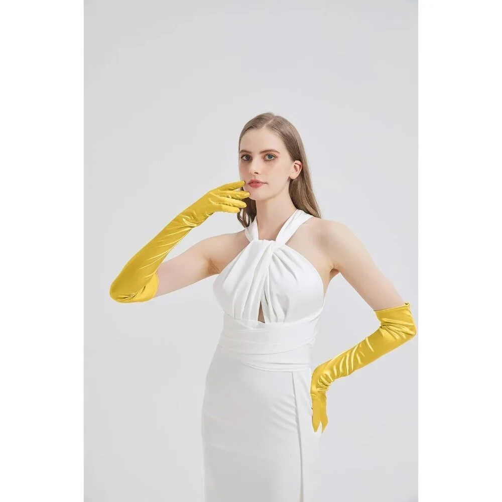 Women's Golden Yellow Imported Satin Elbow Length Halloween Cosplay Opera Gloves